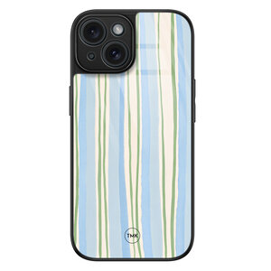 TMK iPhone 15 glazen hardcase - Pastelblauwe strepen