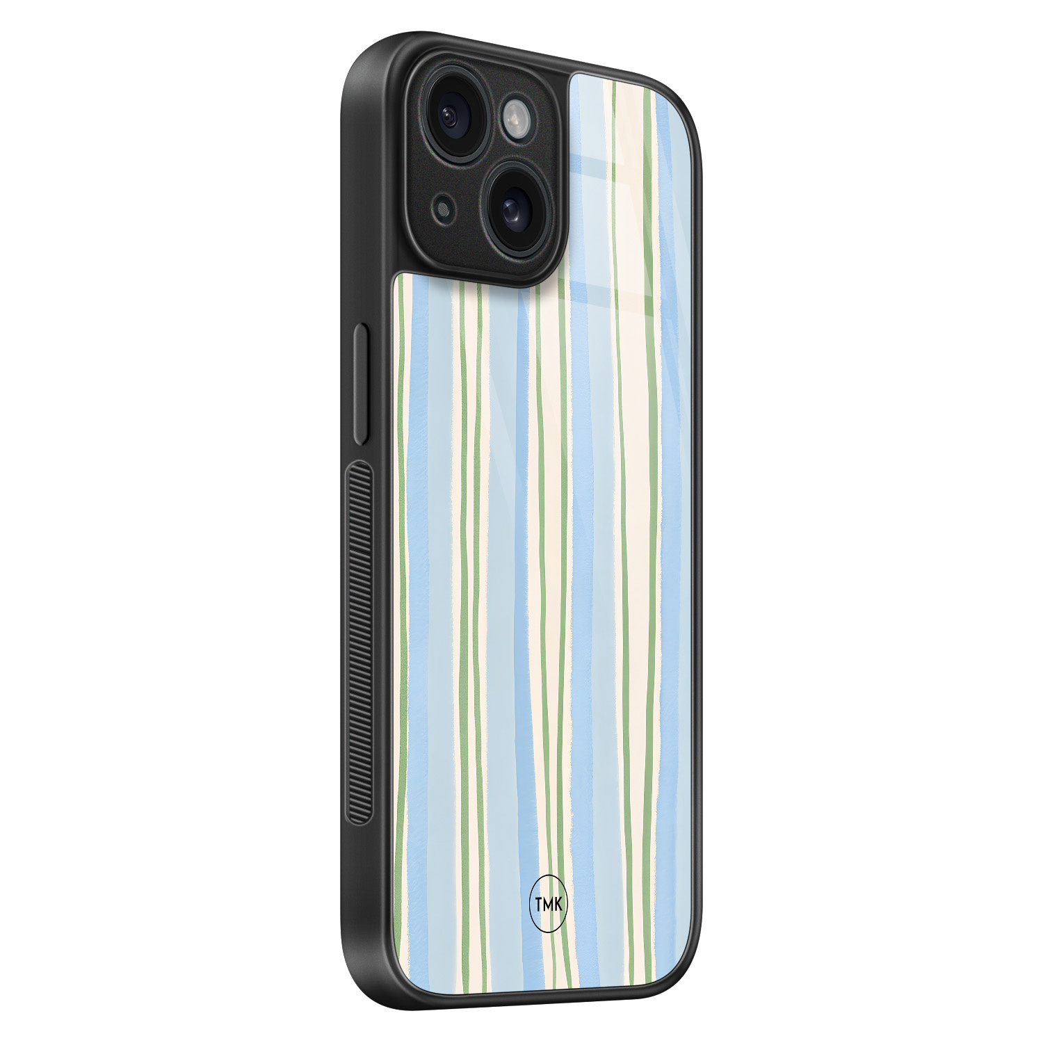 TMK iPhone 15 glazen hardcase - Pastelblauwe strepen