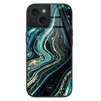 TMK iPhone 15 glazen hardcase - Blue marble waves