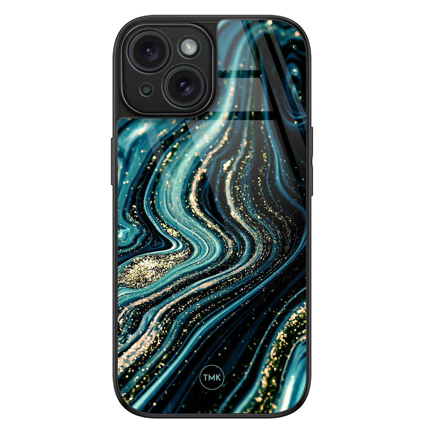 TMK iPhone 15 glazen hardcase - Blue marble waves