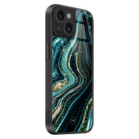 TMK iPhone 15 glazen hardcase - Blue marble waves