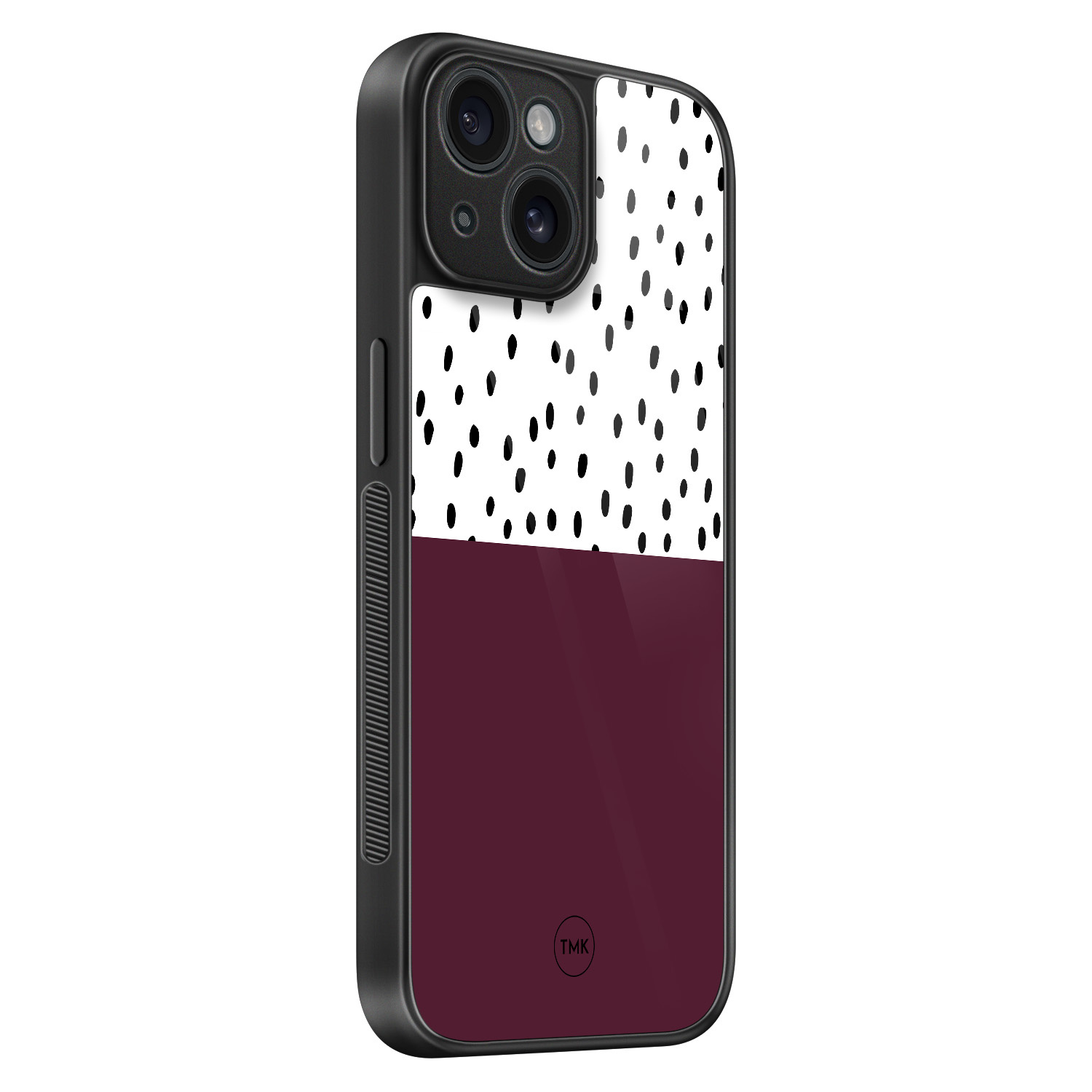 TMK iPhone 15 glazen hardcase - Burgundy dots