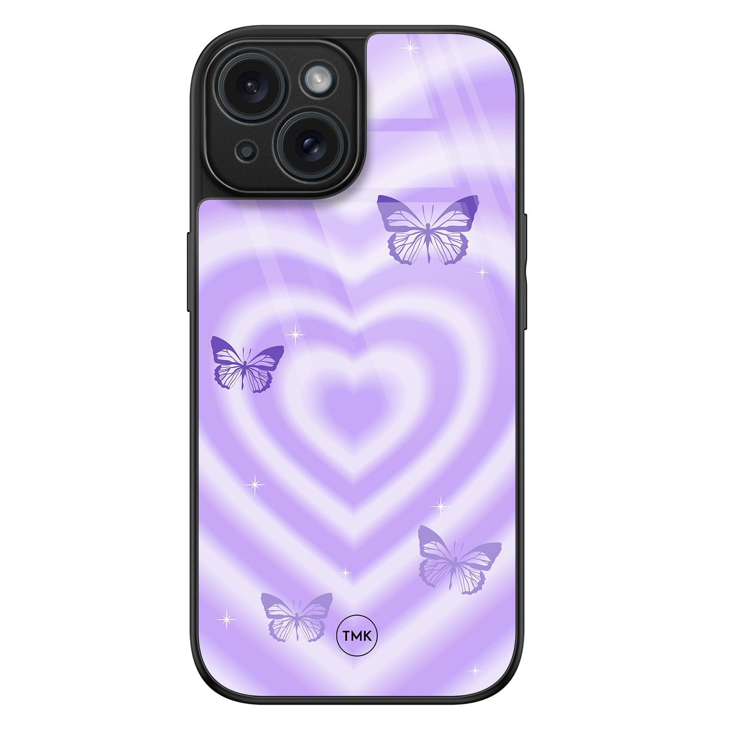 TMK iPhone 15 glazen hardcase - Vlinders retro paars