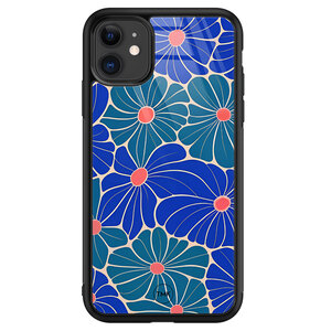 TMK iPhone 11 glazen hardcase - Indigo bloemen