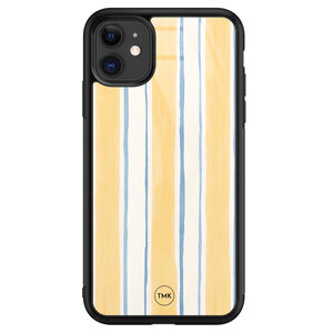 TMK iPhone 11 glazen hardcase - Gestreept geel