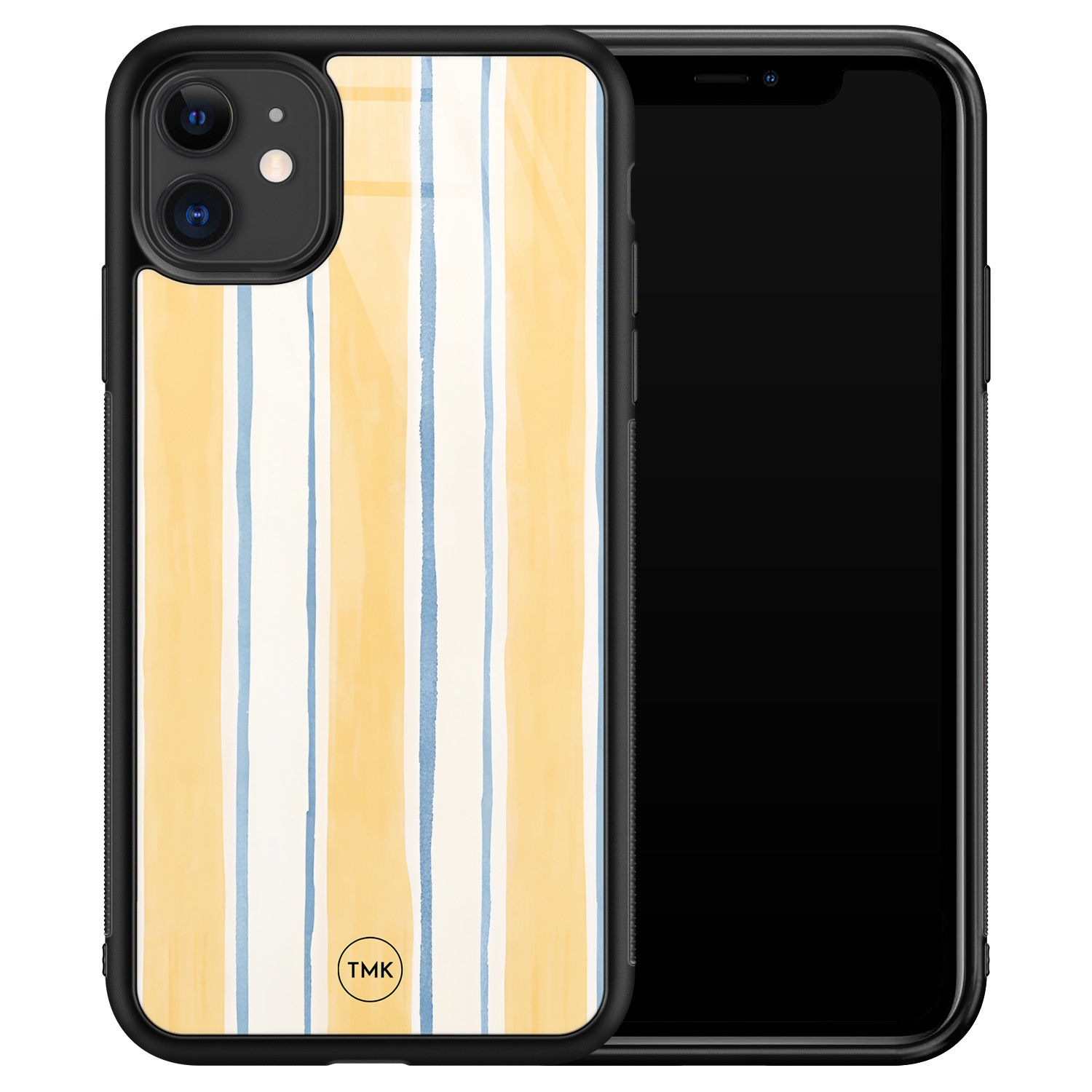 TMK iPhone 11 glazen hardcase - Gestreept geel