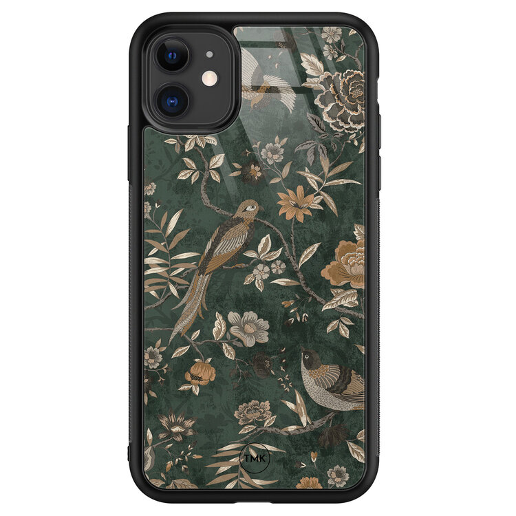 Casevibes iPhone 11 glazen hardcase - Khaki golden flowers