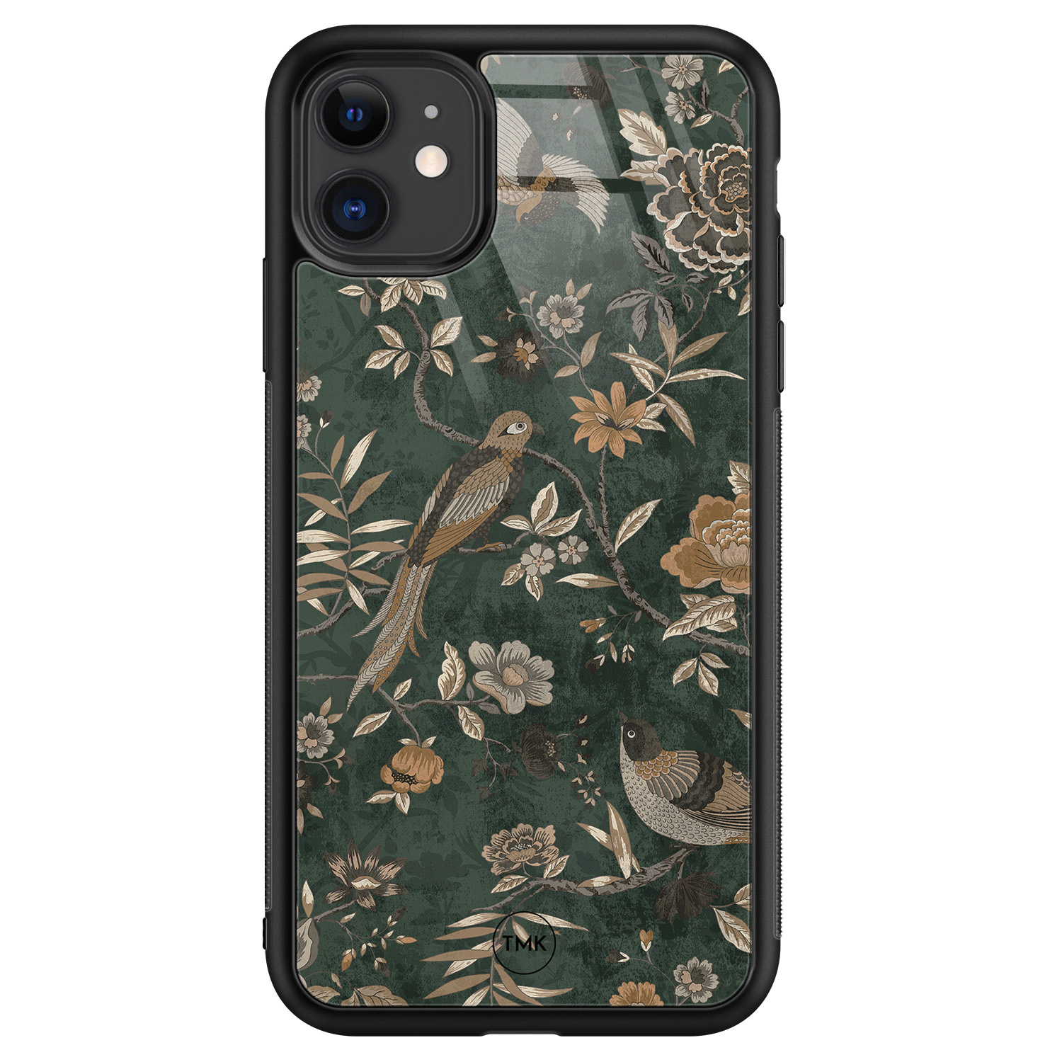TMK iPhone 11 glazen hardcase - Khaki golden flowers