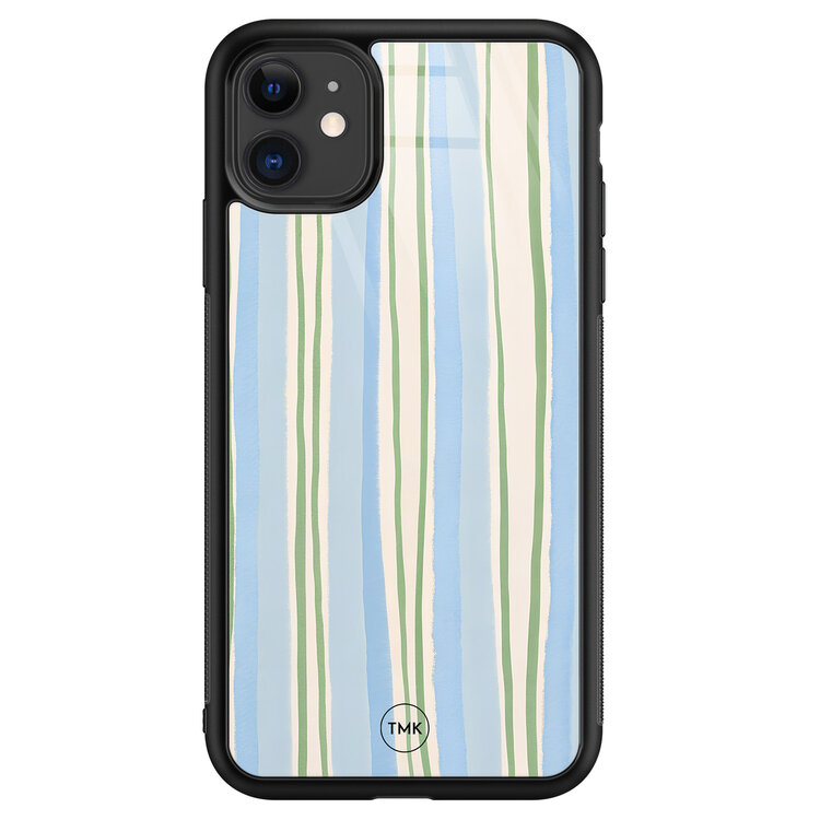 TMK iPhone 11 glazen hardcase - Pastelblauwe strepen