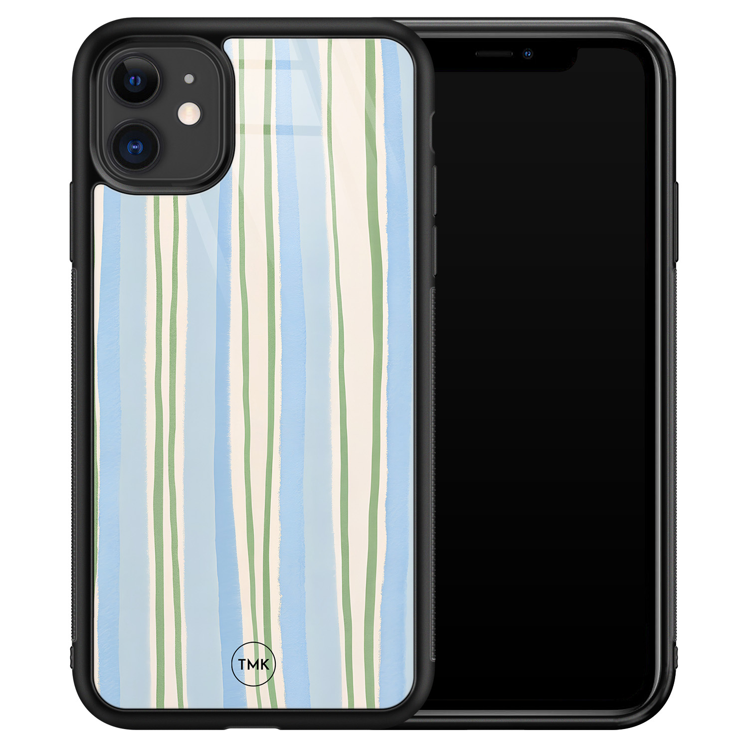 TMK iPhone 11 glazen hardcase - Pastelblauwe strepen