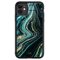TMK iPhone 11 glazen hardcase - Blue marble waves