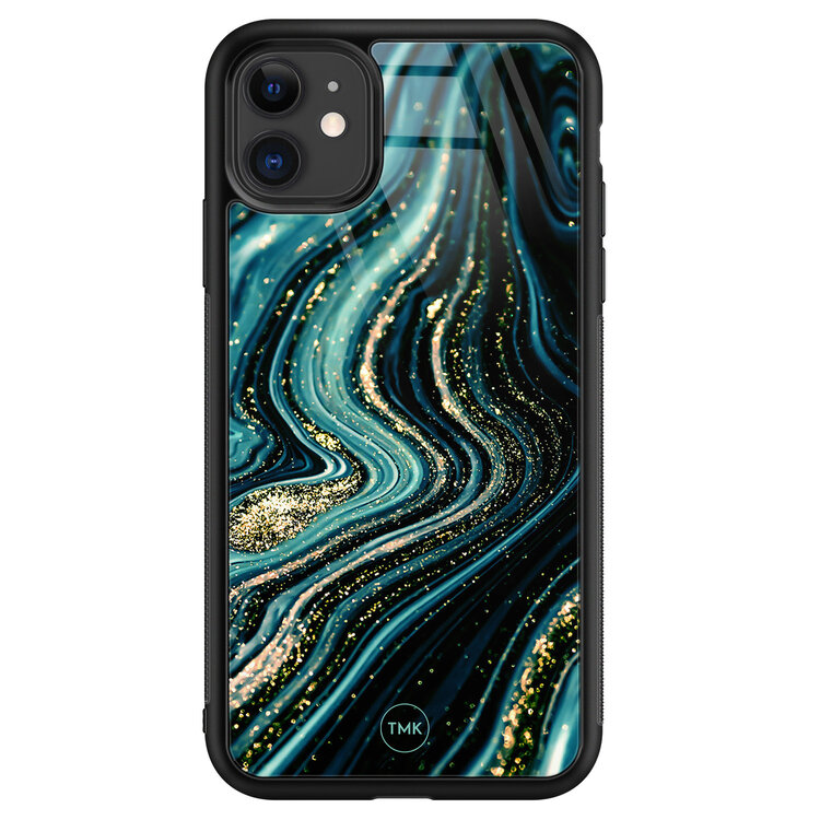 Casevibes iPhone 11 glazen hardcase - Blue marble waves