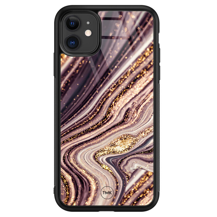 TMK iPhone 11 glazen hardcase - Golden pink marble