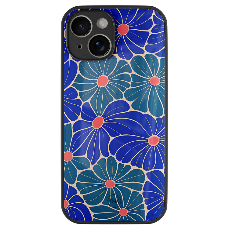 Casevibes iPhone 14 glazen hardcase - Indigo bloemen