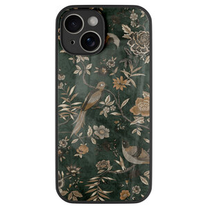 Casevibes iPhone 14 glazen hardcase - Khaki golden flowers