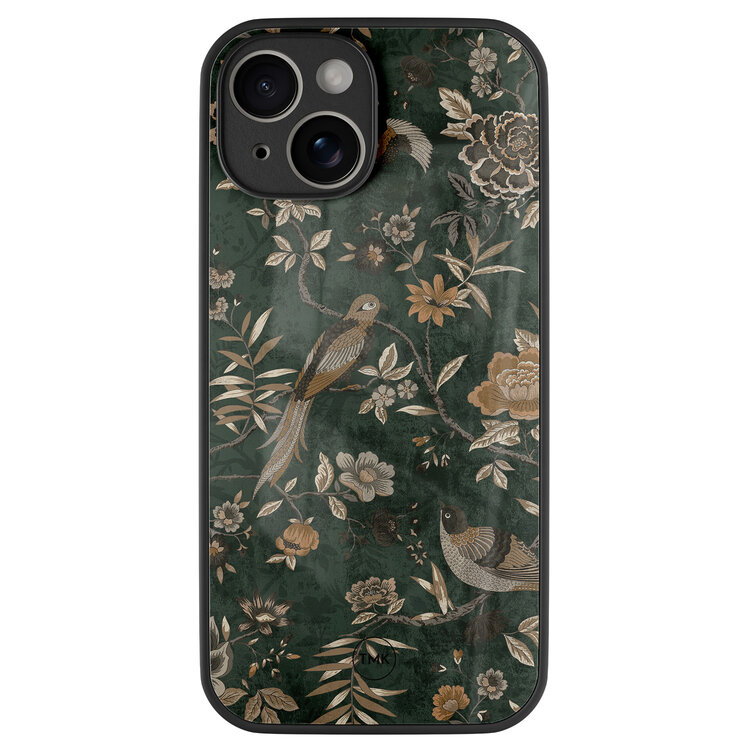 TMK iPhone 14 glazen hardcase - Khaki golden flowers