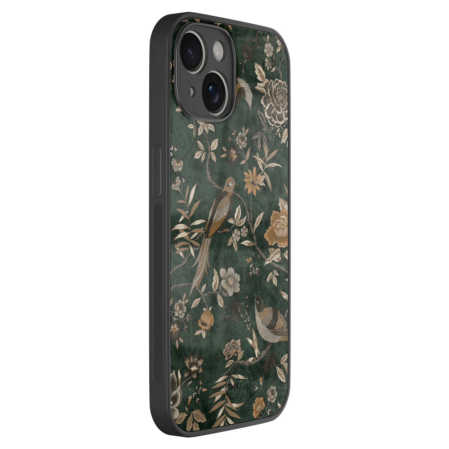 TMK iPhone 14 glazen hardcase - Khaki golden flowers
