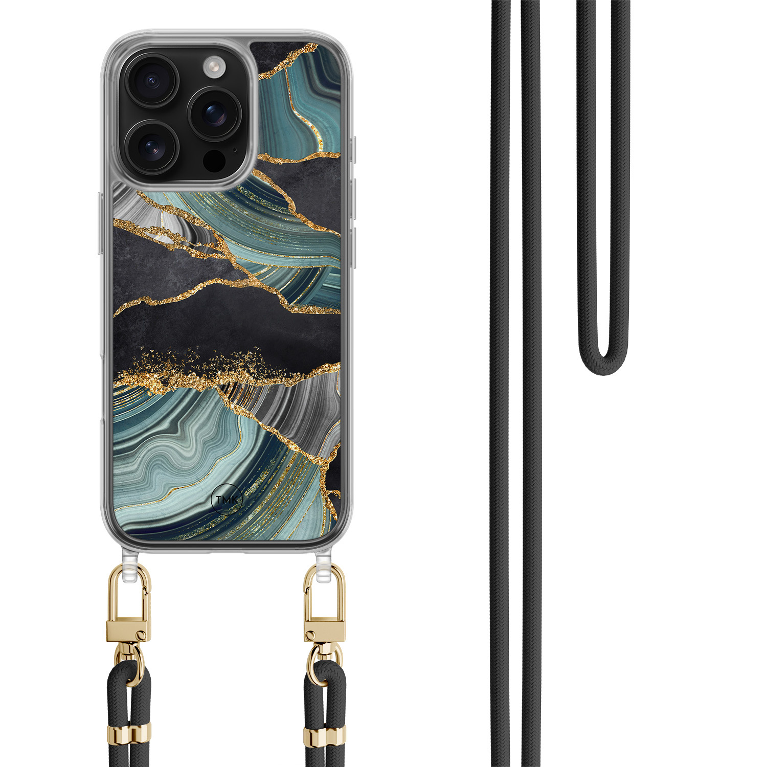 TMK iPhone 16 Pro hoesje met zwart koord - Marble jade stone