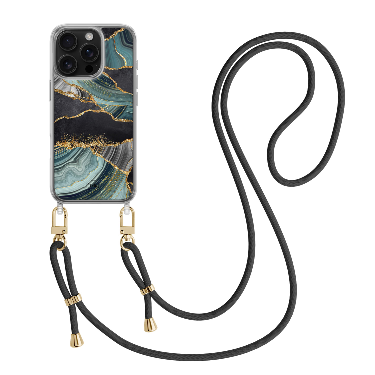 TMK iPhone 16 Pro hoesje met zwart koord - Marble jade stone