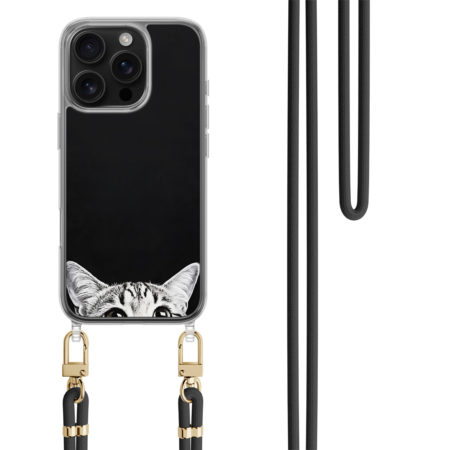 TMK iPhone 16 Pro hoesje met zwart koord - Kat kiekeboe