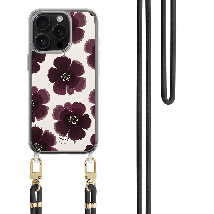 TMK iPhone 16 Pro hoesje met zwart koord - Burgundy flowers