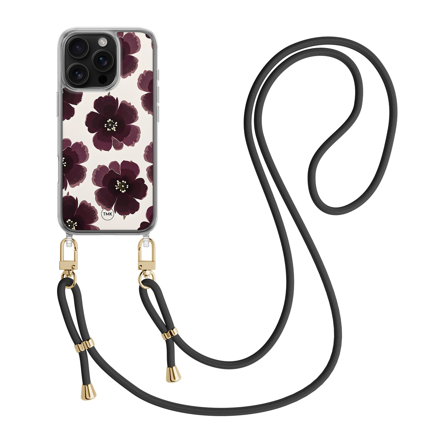 TMK iPhone 16 Pro hoesje met zwart koord - Burgundy flowers