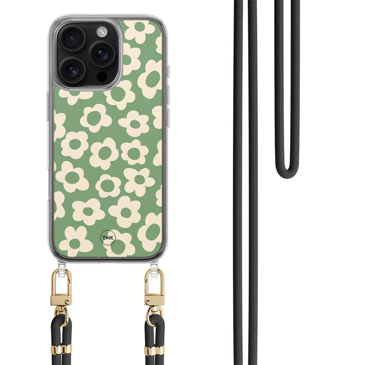 Casevibes iPhone 16 Pro hoesje met zwart koord - Retro cute flowers