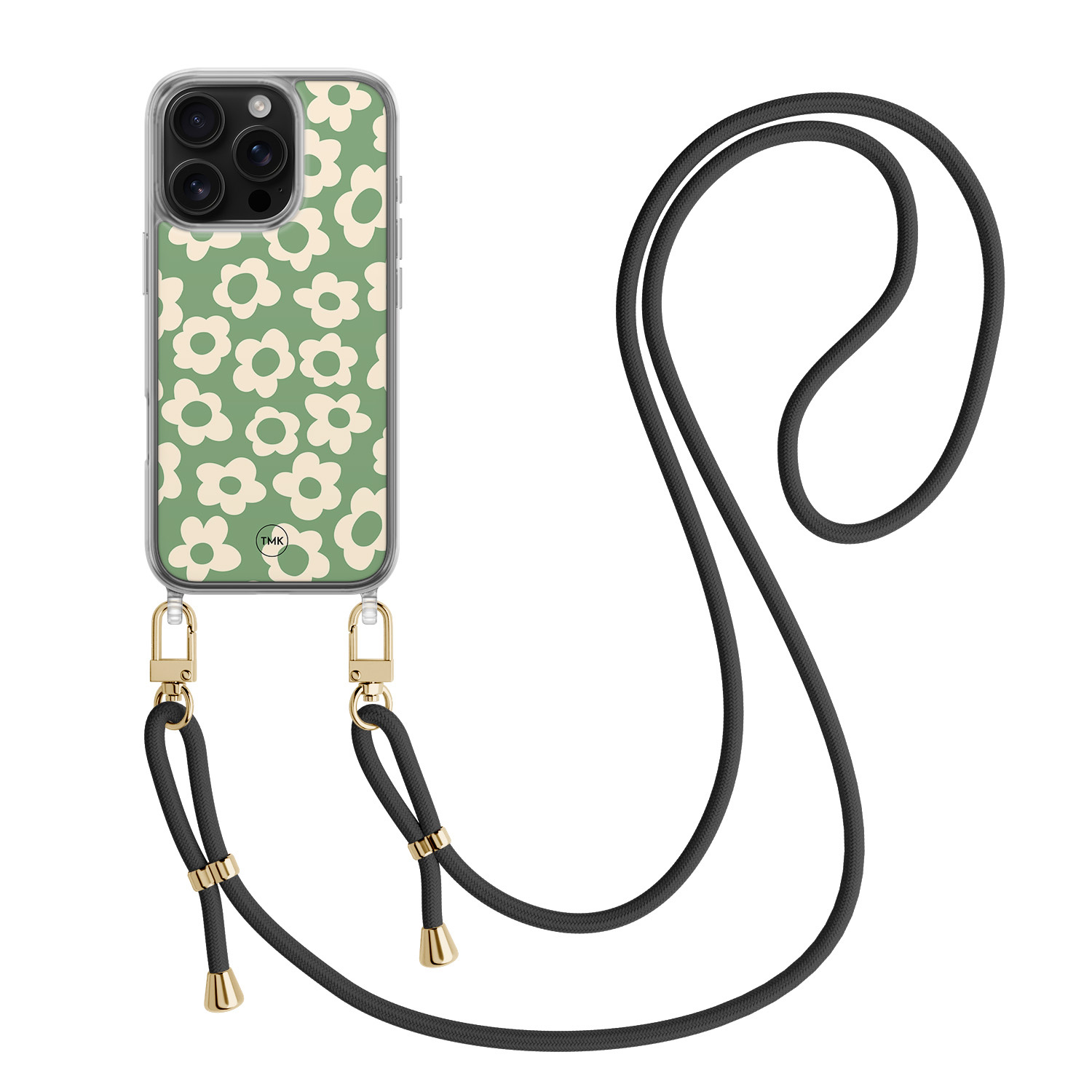 TMK iPhone 16 Pro hoesje met zwart koord - Retro cute flowers