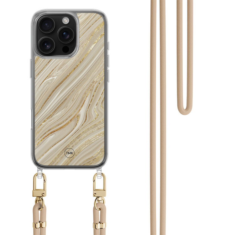 Casevibes iPhone 16 Pro hoesje met beige koord - Golden marble