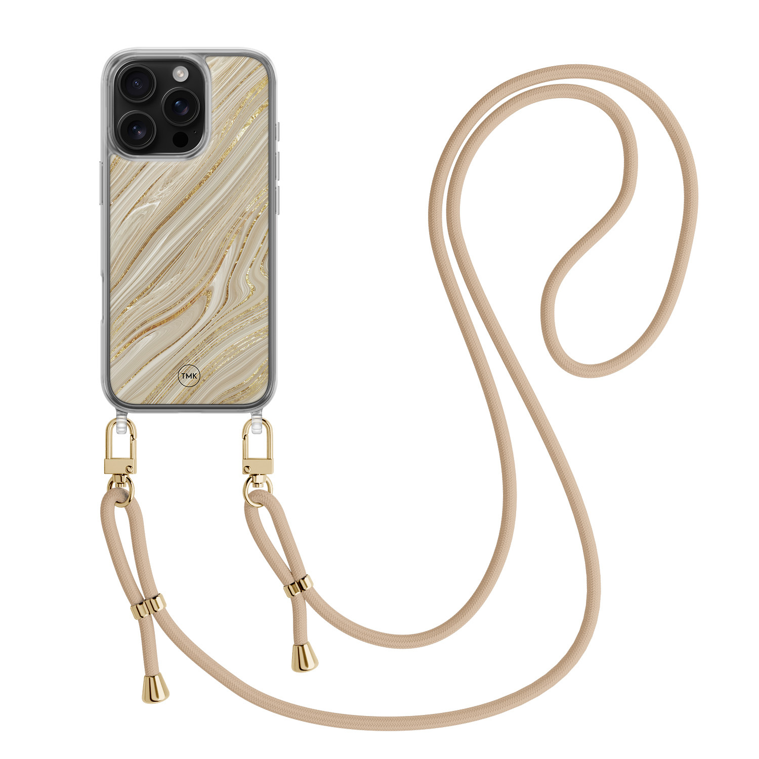 TMK iPhone 16 Pro hoesje met beige koord - Golden marble