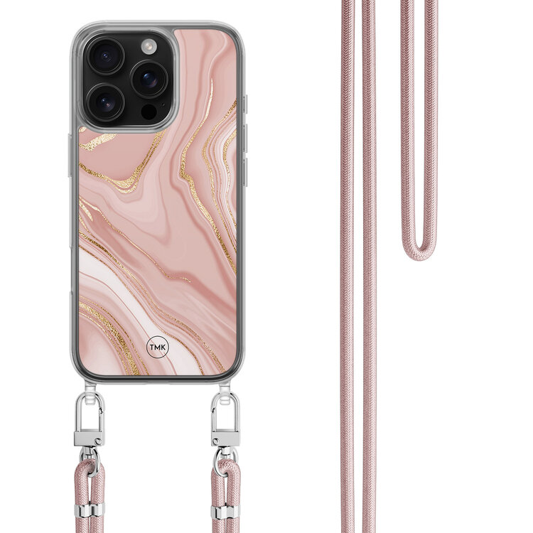 TMK iPhone 16 Pro hoesje met rosegoud koord - Rose marble