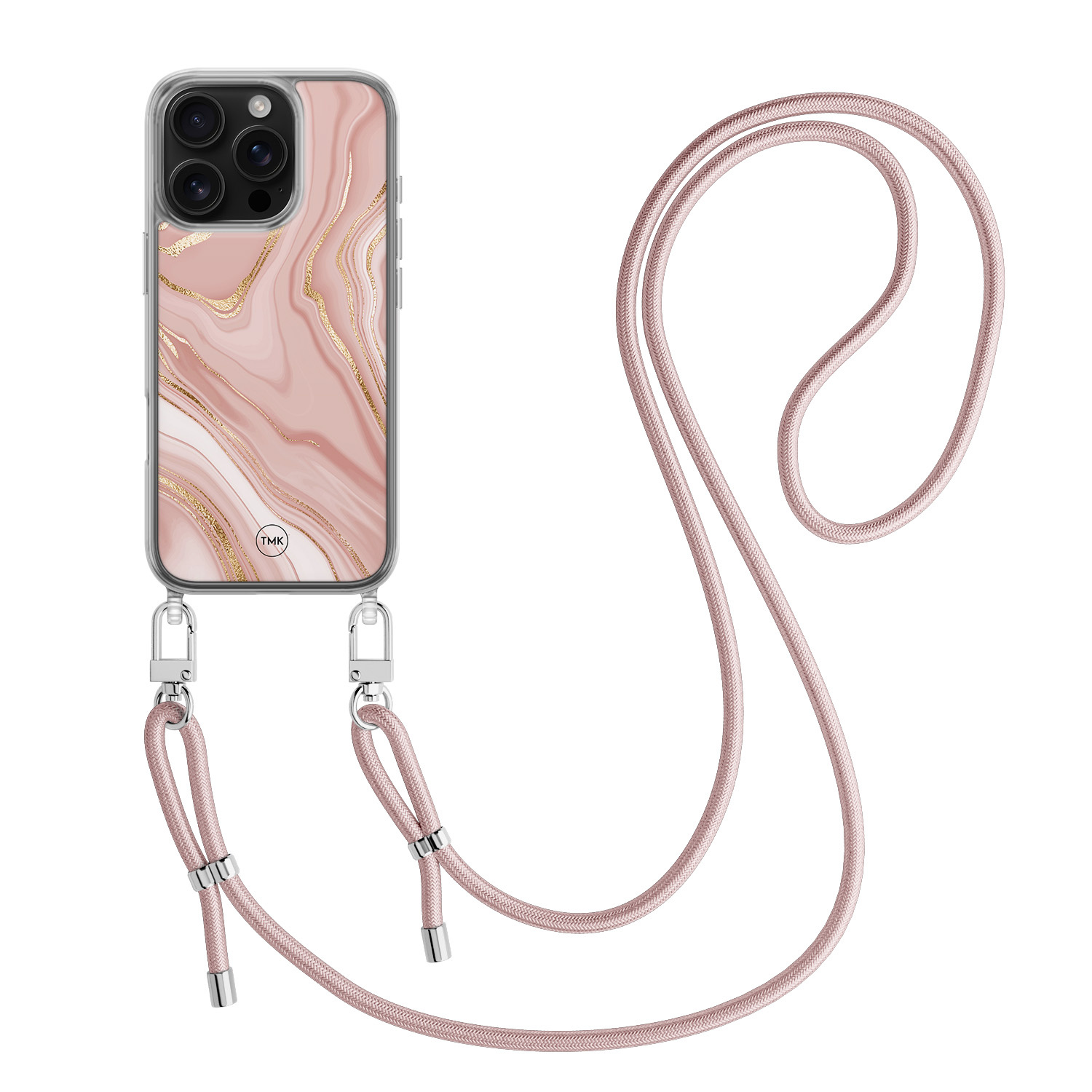 TMK iPhone 16 Pro hoesje met rosegoud koord - Rose marble