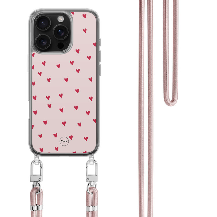 Casevibes iPhone 16 Pro hoesje met rosegoud koord - Cute hearts