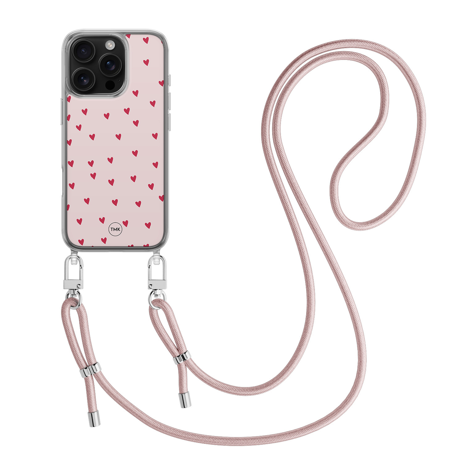TMK iPhone 16 Pro hoesje met rosegoud koord - Cute hearts