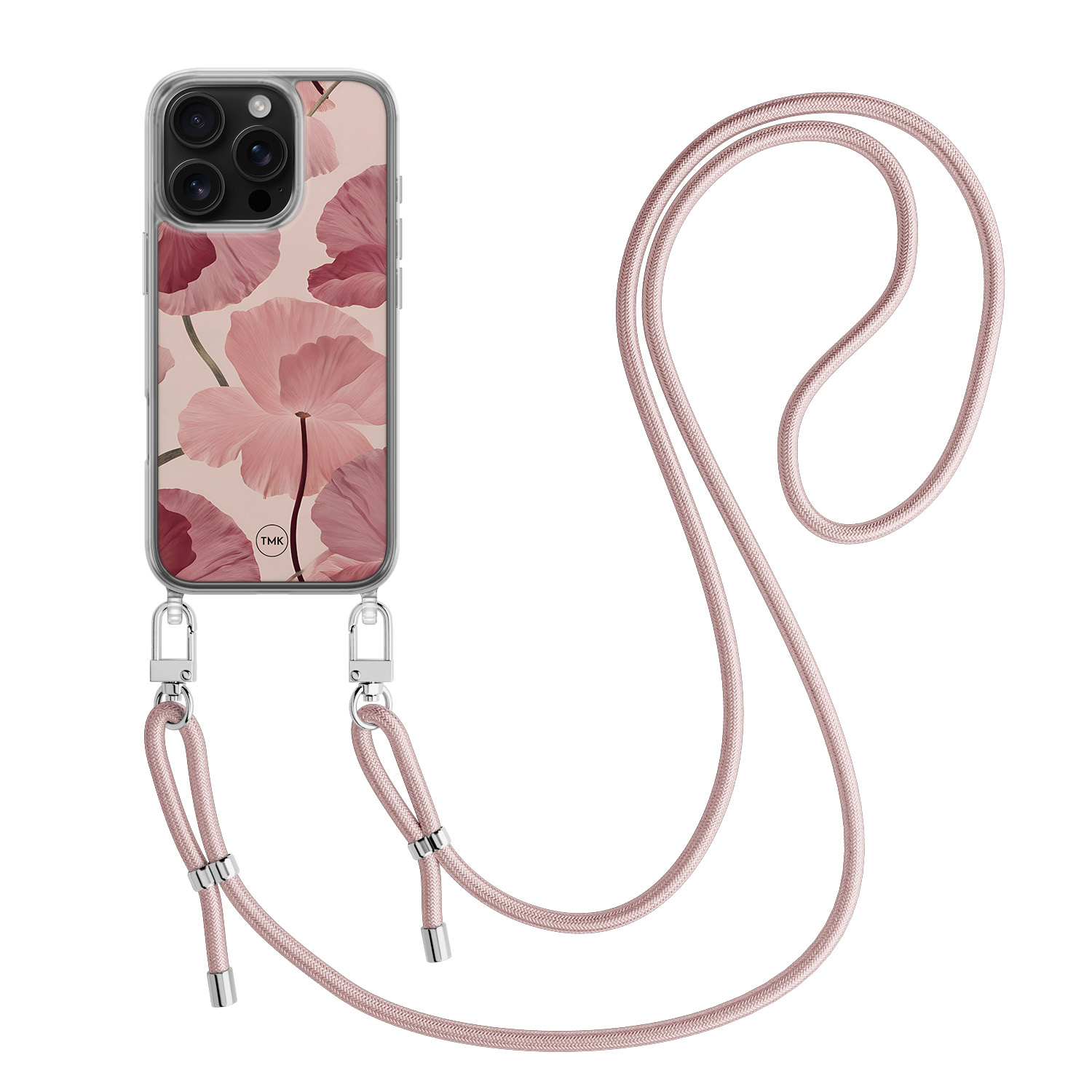 TMK iPhone 16 Pro hoesje met rosegoud koord - Vintage blossom