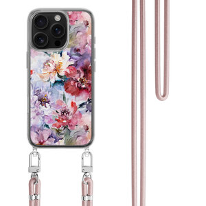 TMK iPhone 16 Pro hoesje met rosegoud koord - Bloemen acryl