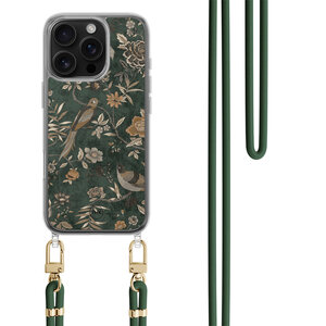 TMK iPhone 16 Pro hoesje met groen koord - Khaki golden flowers