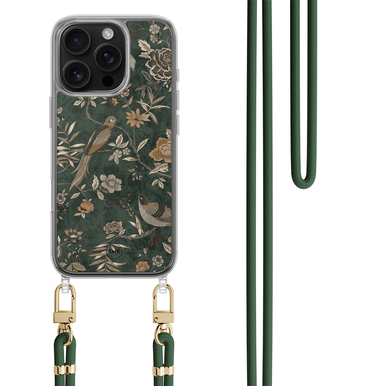 TMK iPhone 16 Pro hoesje met groen koord - Khaki golden flowers