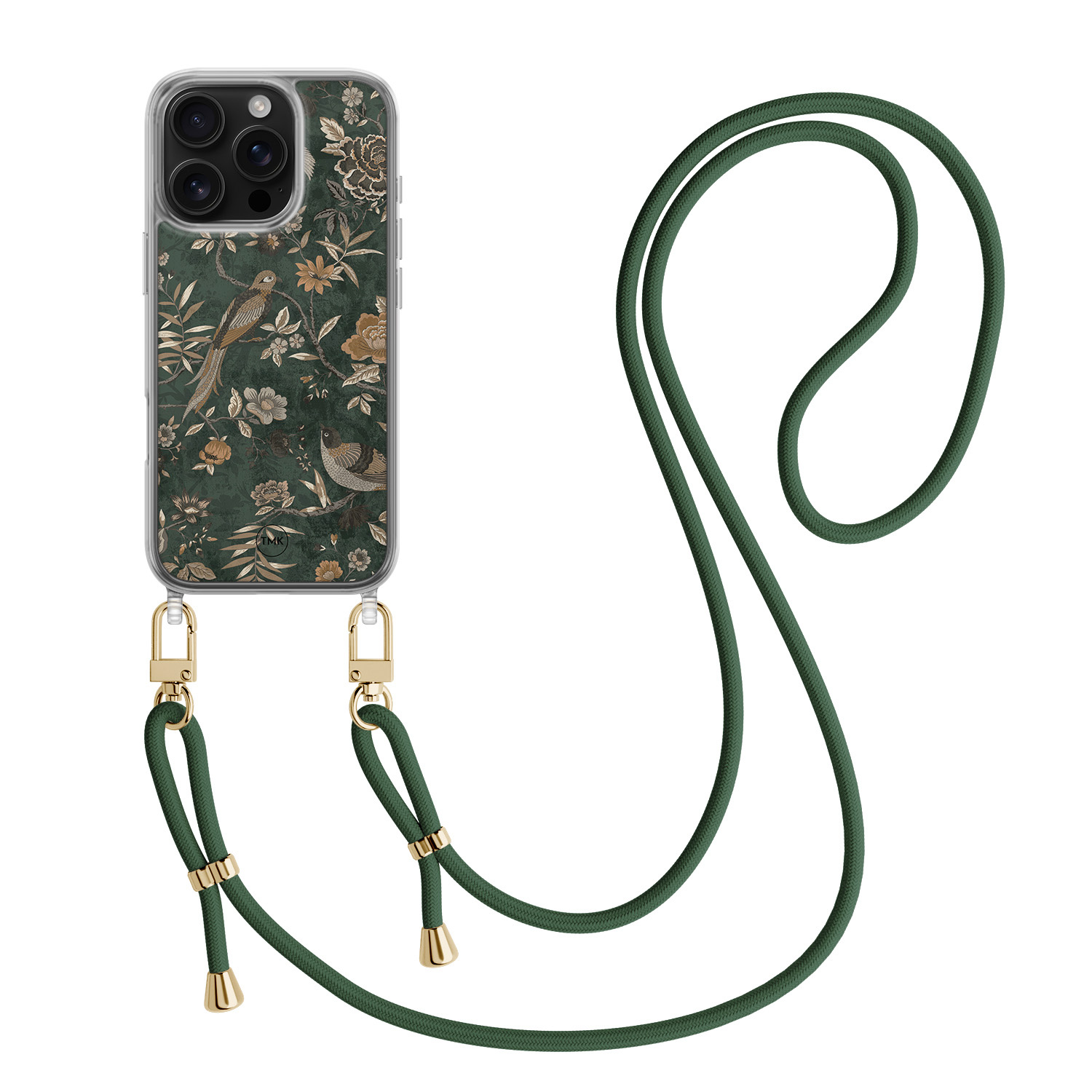 TMK iPhone 16 Pro hoesje met groen koord - Khaki golden flowers