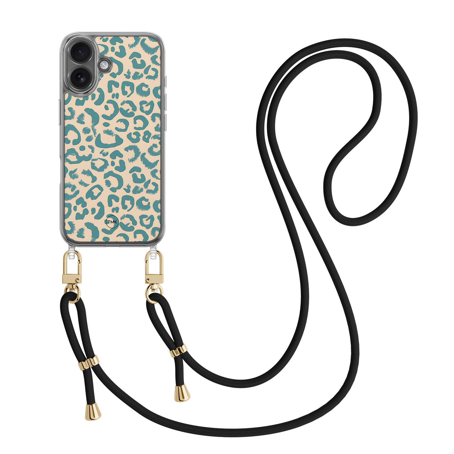 TMK iPhone 16 hoesje met zwart koord - Luipaard blauw
