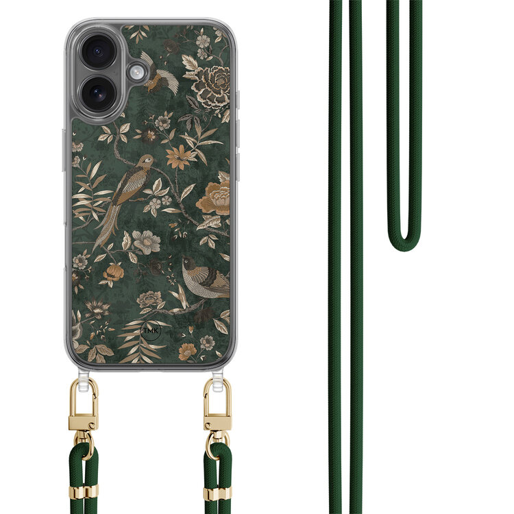 Casevibes iPhone 16 hoesje met groen koord - Khaki golden flowers