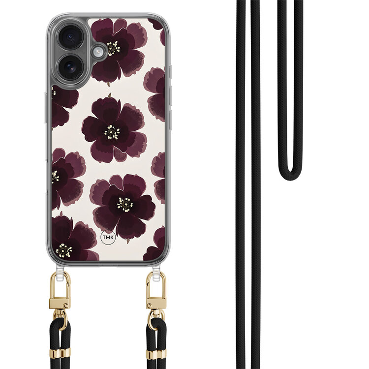 TMK iPhone 16 hoesje met zwart koord - Burgundy flowers
