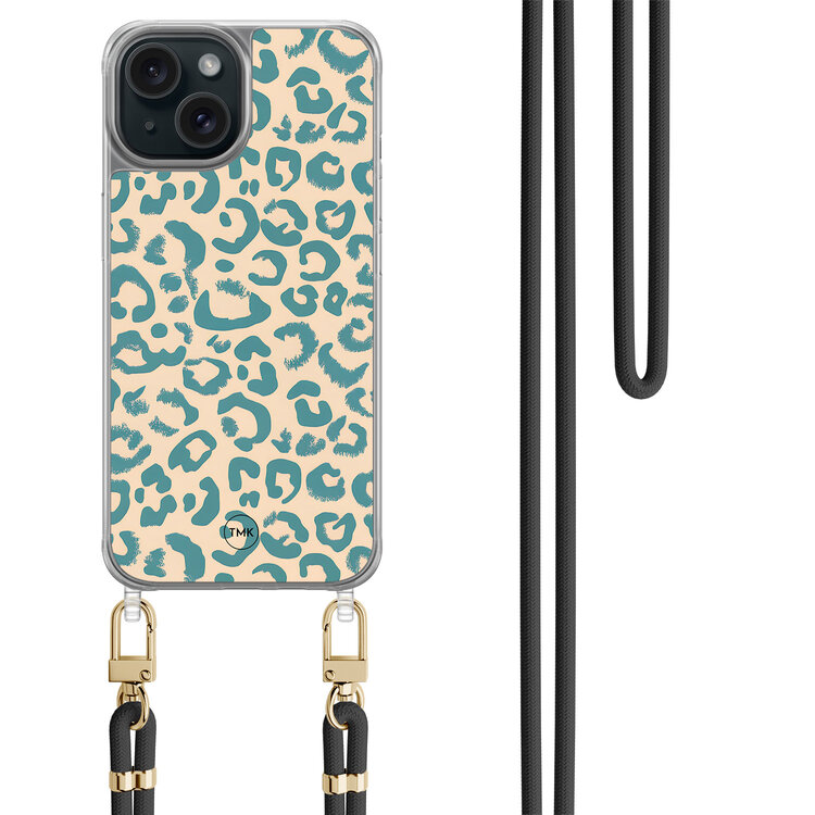 TMK iPhone 15 hoesje met zwart koord - Luipaard blauw