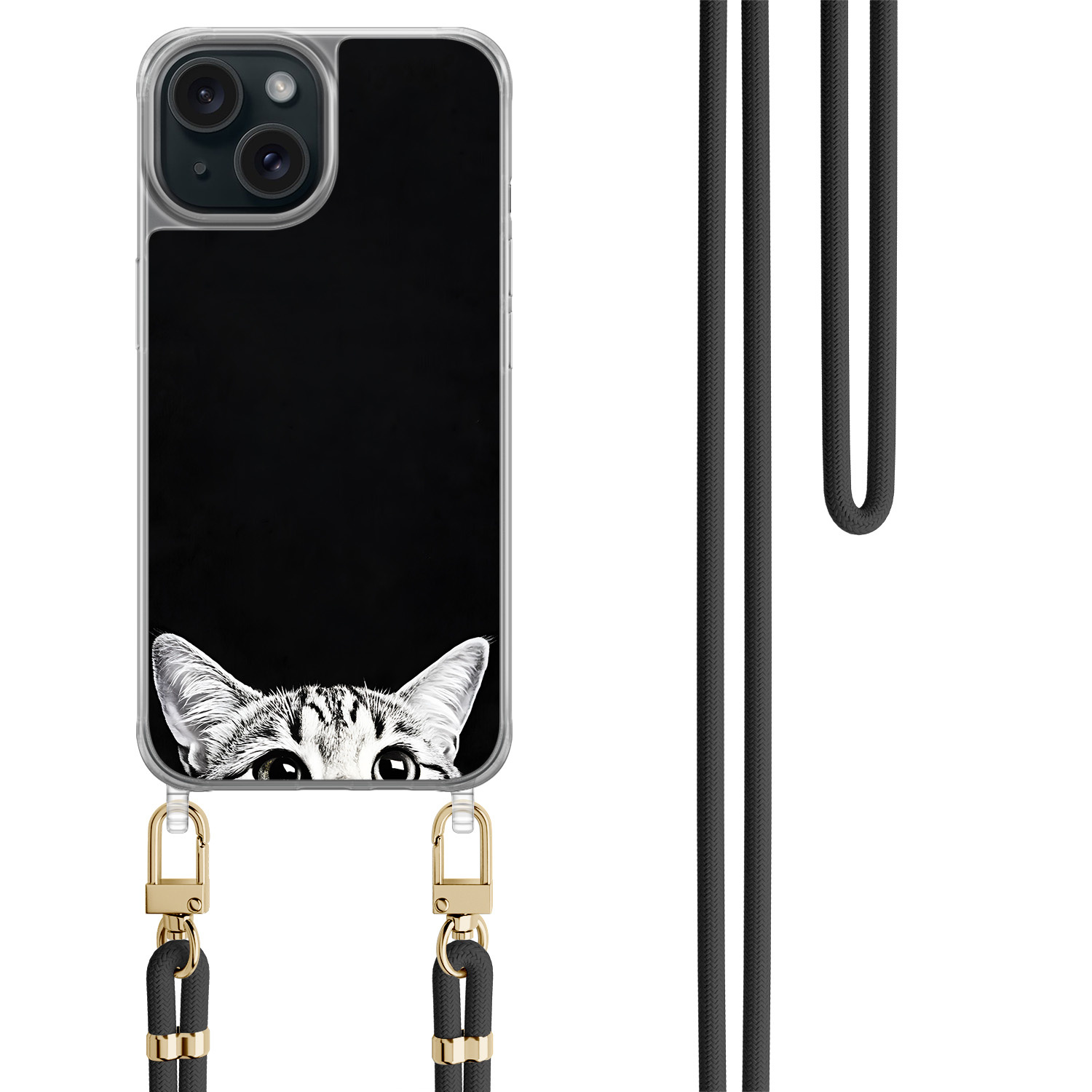 TMK iPhone 15 hoesje met zwart koord - Kat kiekeboe