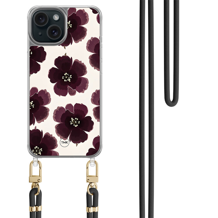 Casevibes iPhone 15 hoesje met zwart koord - Burgundy flowers