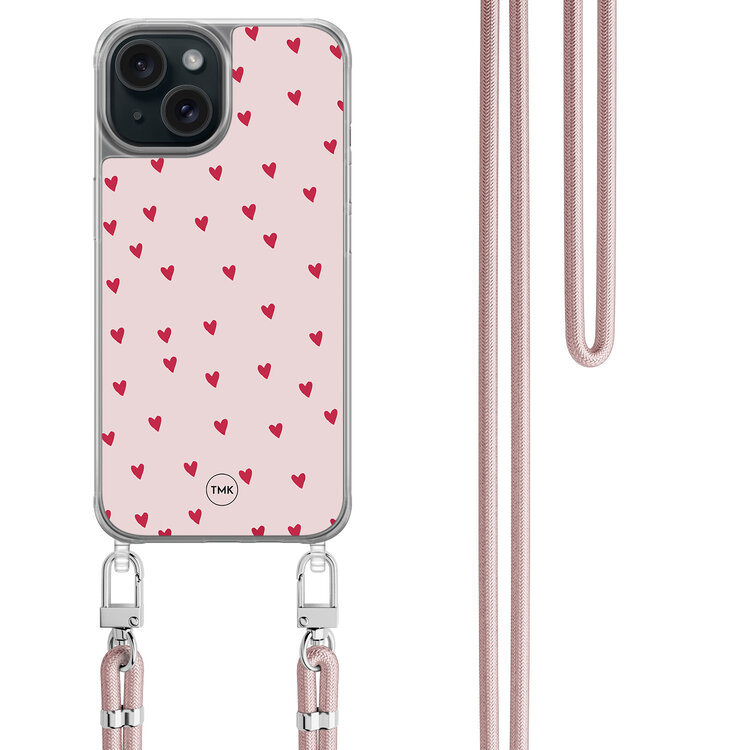 Casevibes iPhone 15 hoesje met rosegoud koord - Cute hearts
