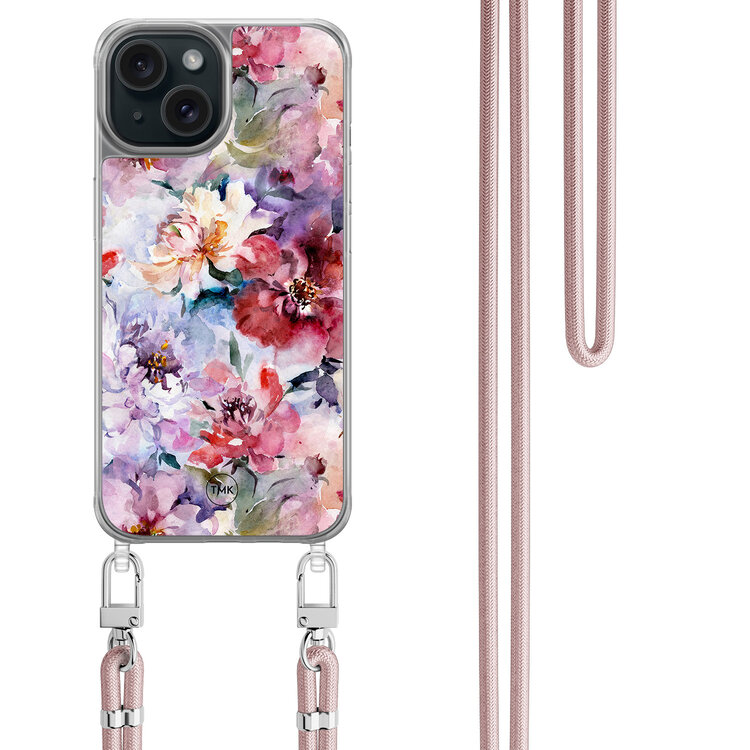 TMK iPhone 15 hoesje met rosegoud koord - Bloemen acryl