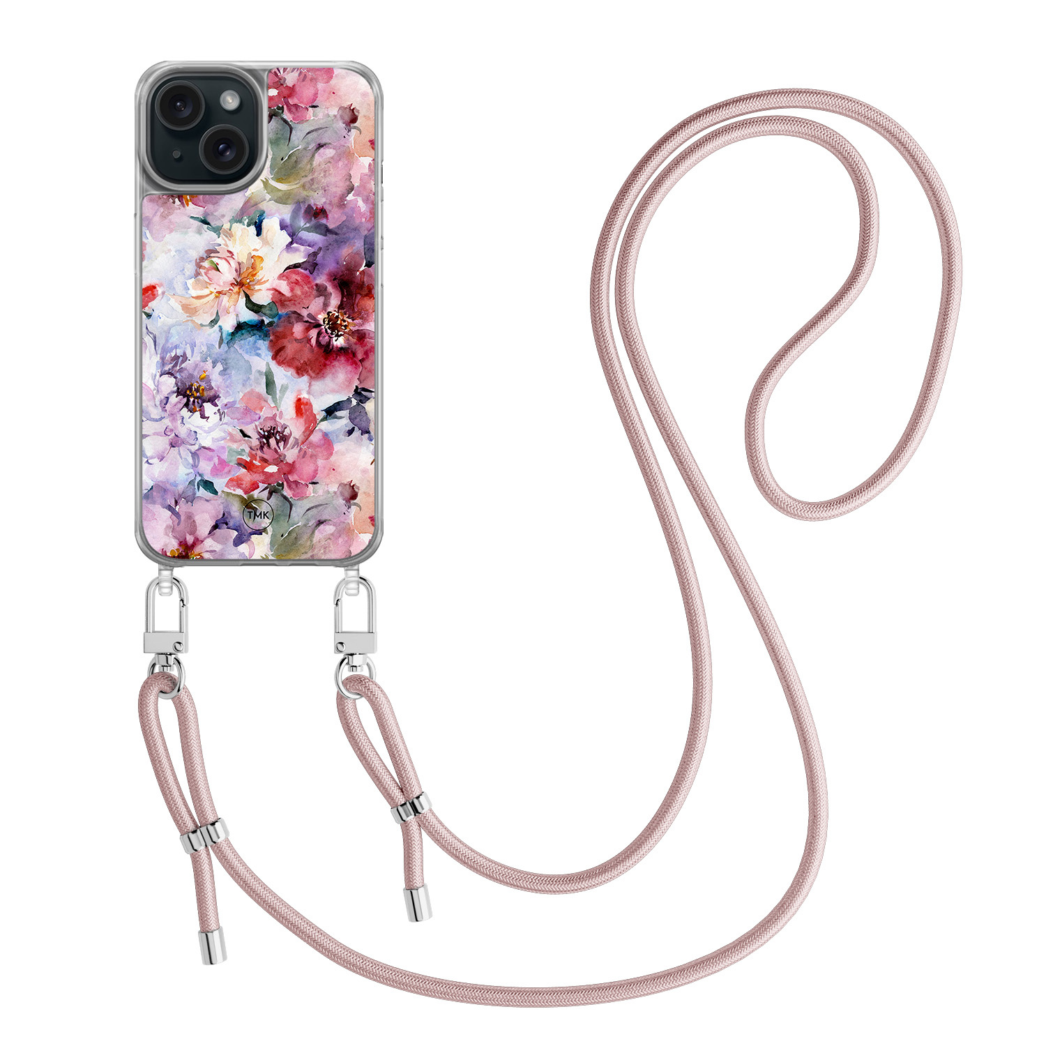 TMK iPhone 15 hoesje met rosegoud koord - Bloemen acryl