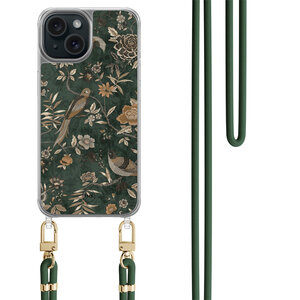 Casevibes iPhone 15 hoesje met groen koord - Khaki golden flowers