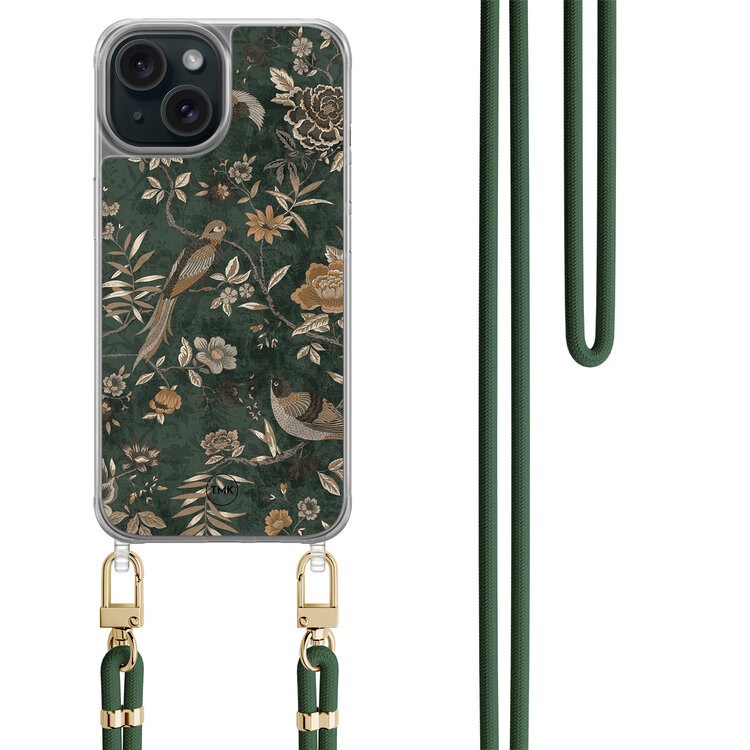 Casevibes iPhone 15 hoesje met groen koord - Khaki golden flowers